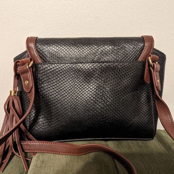 Isaac Mizrahi Black Brown Genuine Textured Snakeskin Embossed Leather Crossbody - Picture 2 of 11